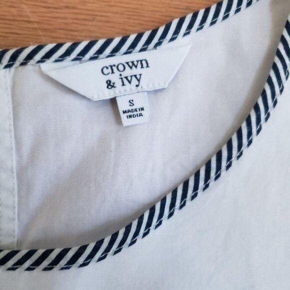 Crown & Ivy Womens Bell Sleeve Striped Trim Blouse S Cotton White - Picture 4 of 4